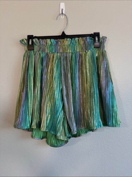 QUEEN OF SPARKLES Pants - Queen of Sparkles Metallic Pleated High Waist Short in Green / Purple Multi - S